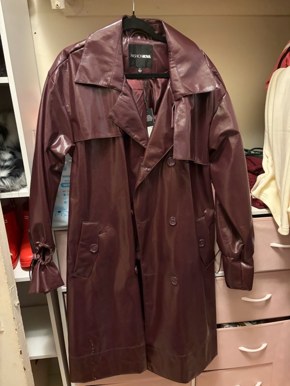 Fashion Nova Women's Wine Faux-Leather Trench Raincoat